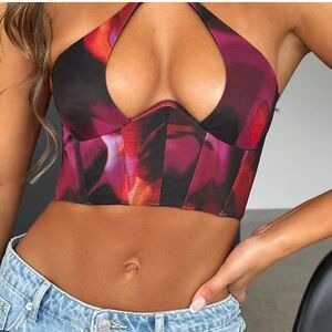 New with Tags NWT Pink Flames Sexy Halter Crop Top Bustier White Fox Boutique